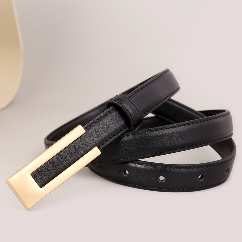 日本品质细腰带女夏季真皮装饰连衣裙子收腰简约百搭配西装黑色收