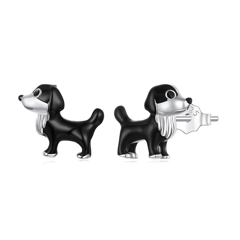可爱边牧犬耳钉s925纯银耳饰