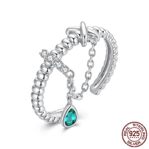 S925纯银水滴锆石开口流苏戒指