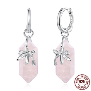 天然粉水晶花朵耳扣s925纯银梦幻大主石吊坠耳环首饰