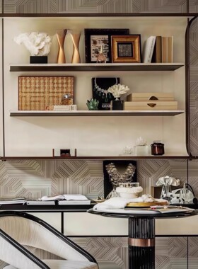 中古老钱风样板间书房书柜皮革首饰盒晶石软装摆件开放格饰品装饰