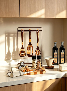 样板间厨房摆件西厨岛台软装饰品厨具架组合砧板调味料瓶罐中古风