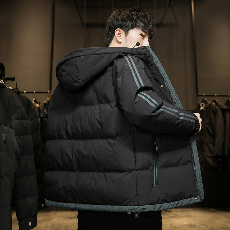 潮牌短款羽绒服男连帽加厚保暖黑棉衣