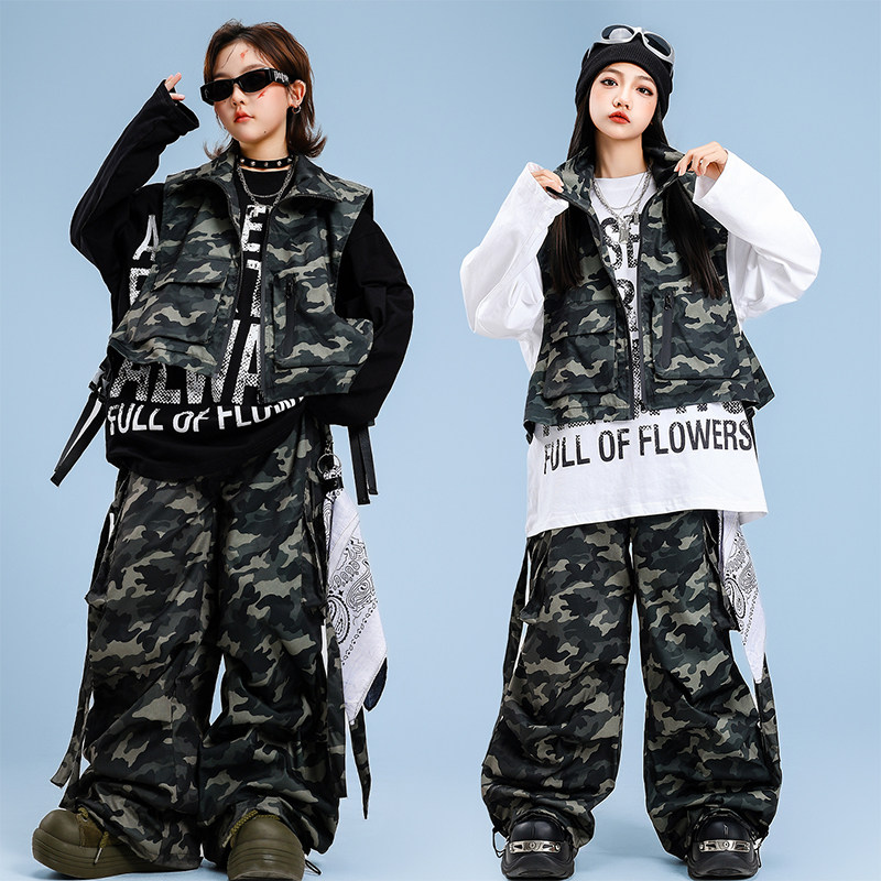 少儿街舞演出服hiphop嘻哈男女童迷彩马甲工装裤三件套长袖潮牌酷