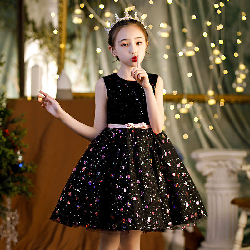 儿童礼服公主裙洋气高端女童春夏黑色主持轻奢小众国庆钢琴演奏裙