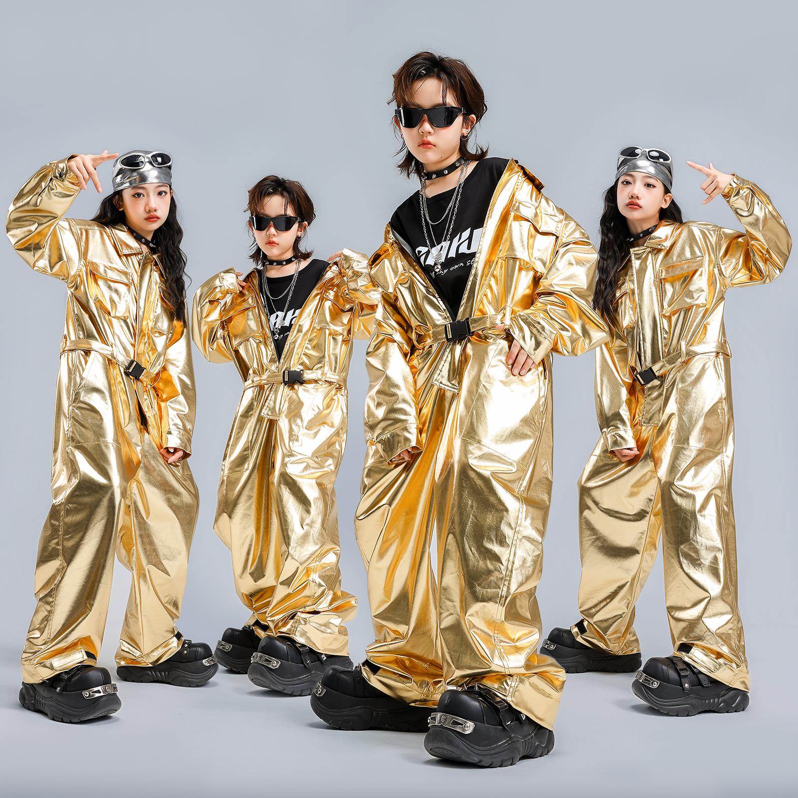 儿童街舞潮服男童嘻哈hiphop表演服工装连体服酷帅女童元旦演出服