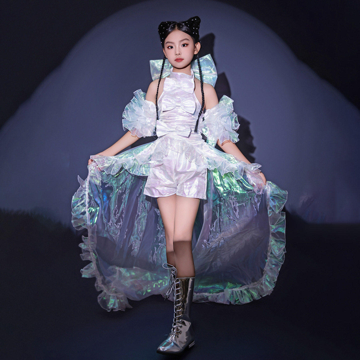 梦幻糖果主题女童模特走秀服装多巴胺风拖尾潮服儿童蝴蝶结舞台秀