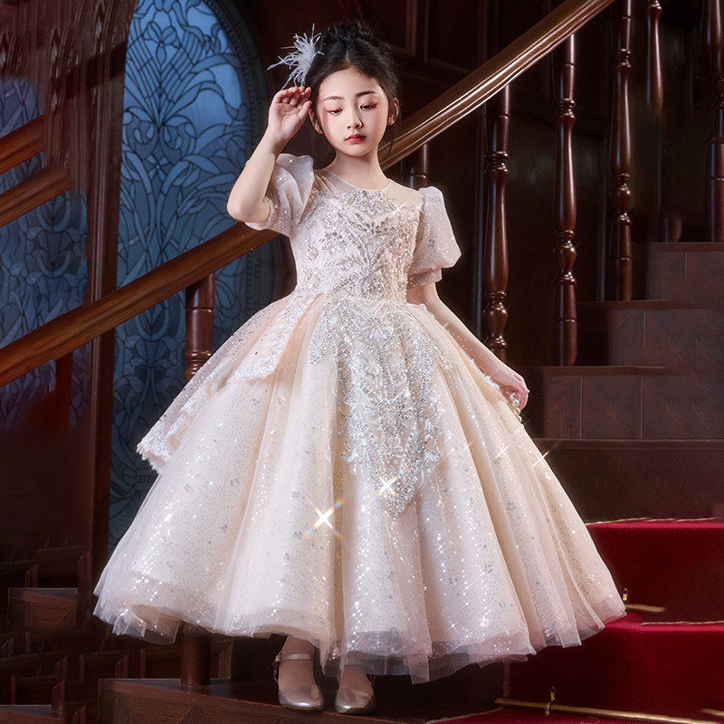 粉色高级感儿童礼服2026新款夏小女孩生日公主裙主持人钢琴演出服