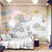 女孩男孩卧室床头墙壁纸幼儿园墙布儿童房壁画小动物温馨卡通壁布