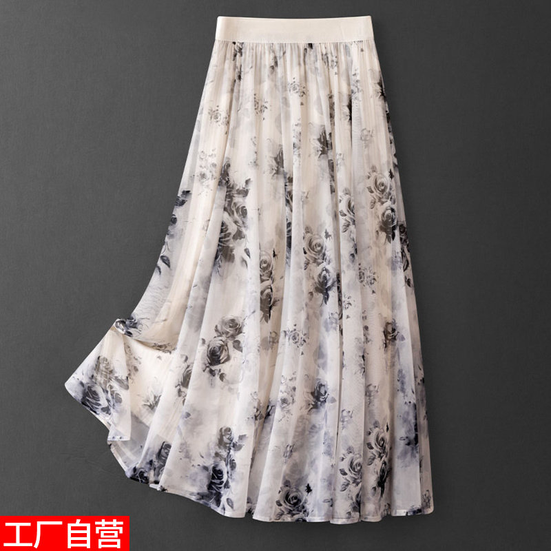 半身裙印花碎花裙子松紧腰新款中长款a字百褶裙子高腰显瘦两面穿