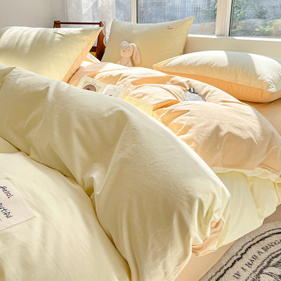 ins水洗棉床上四件套纯棉全棉100纯色被套床单被罩床笠宿舍三件套