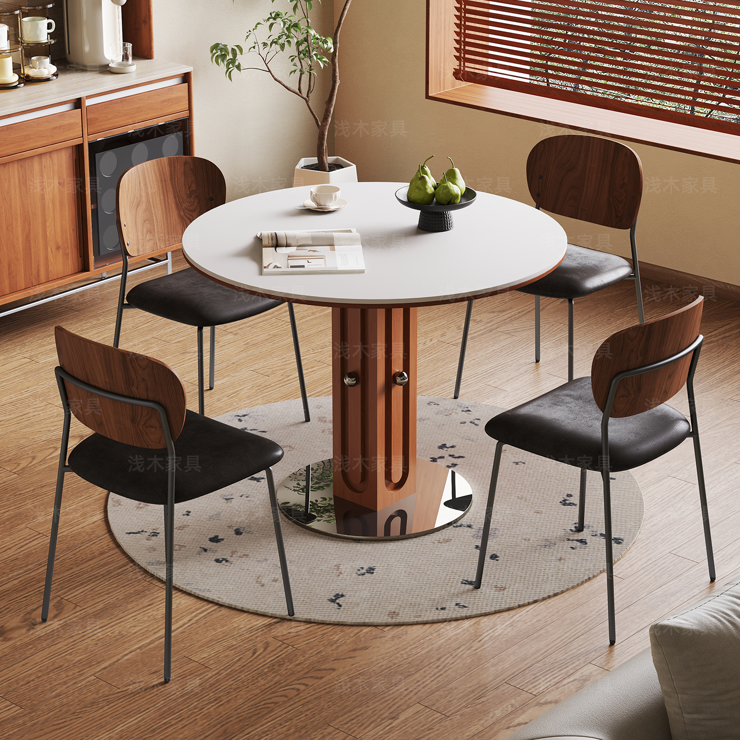 法式中古风实木圆形餐桌