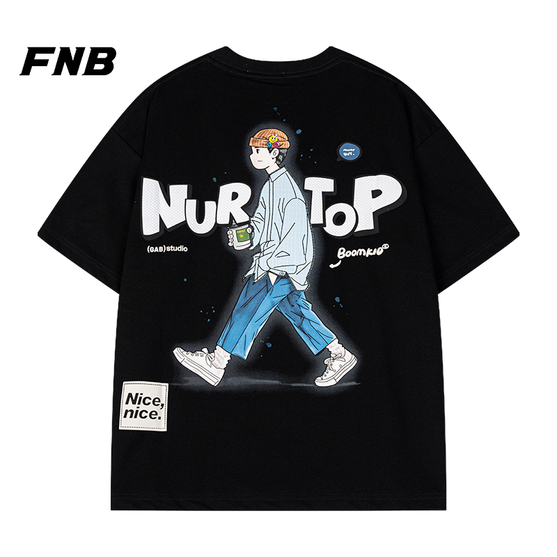 FNB美式潮牌上衣卡通字母印花夏季新款短袖T恤休闲男士宽松刺绣