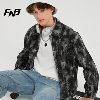 FNB美式潮牌个性复古扎染翻领夹克牛仔外套长袖男秋季新款高品质