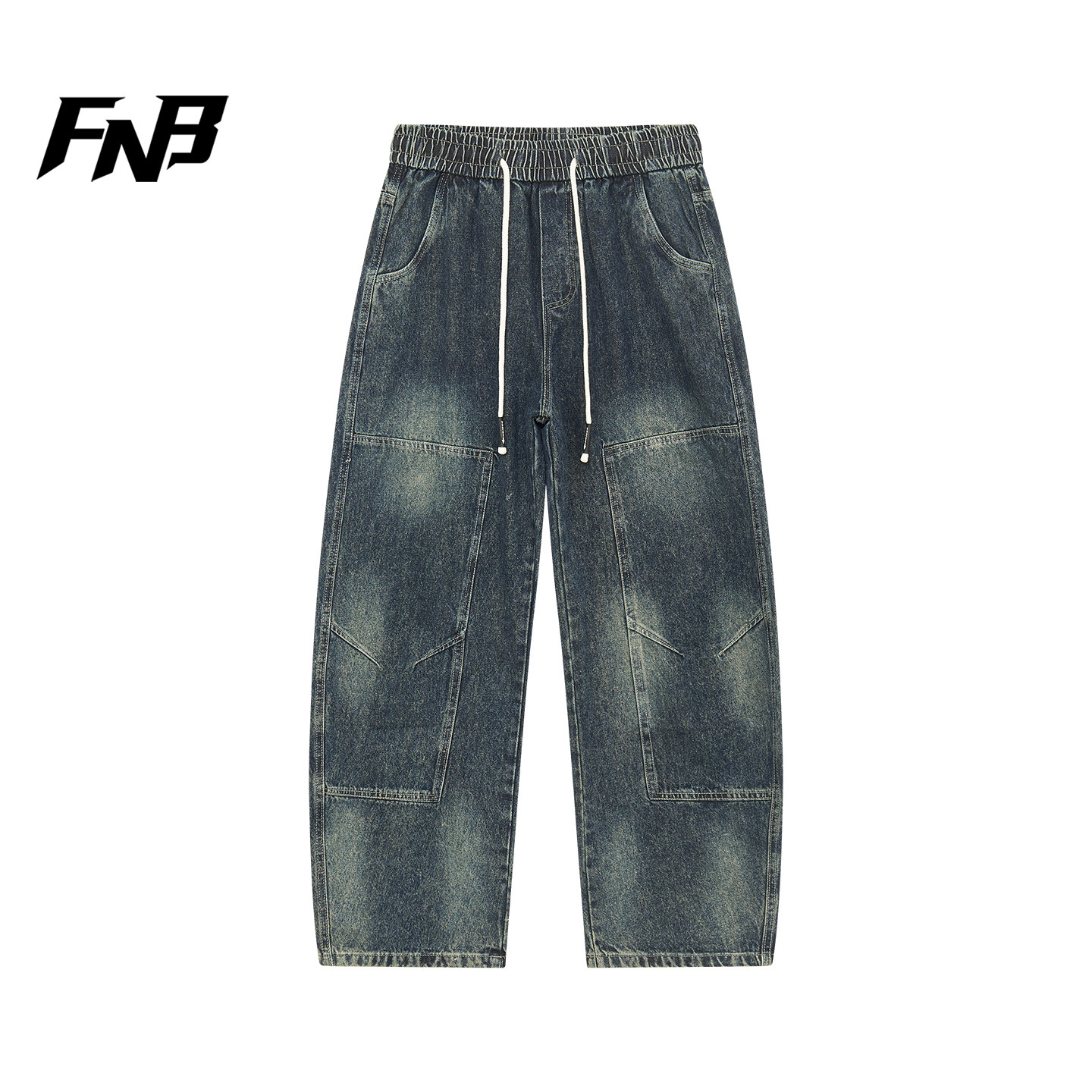FNB美式复古风水洗牛仔裤秋季男女宽松直筒阔腿裤抽绳时尚长裤潮