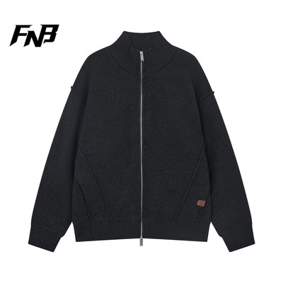 FNB复古立领羽绒服90鸭绒新款针织开衫男女潮牌宽松毛衣外套冬款