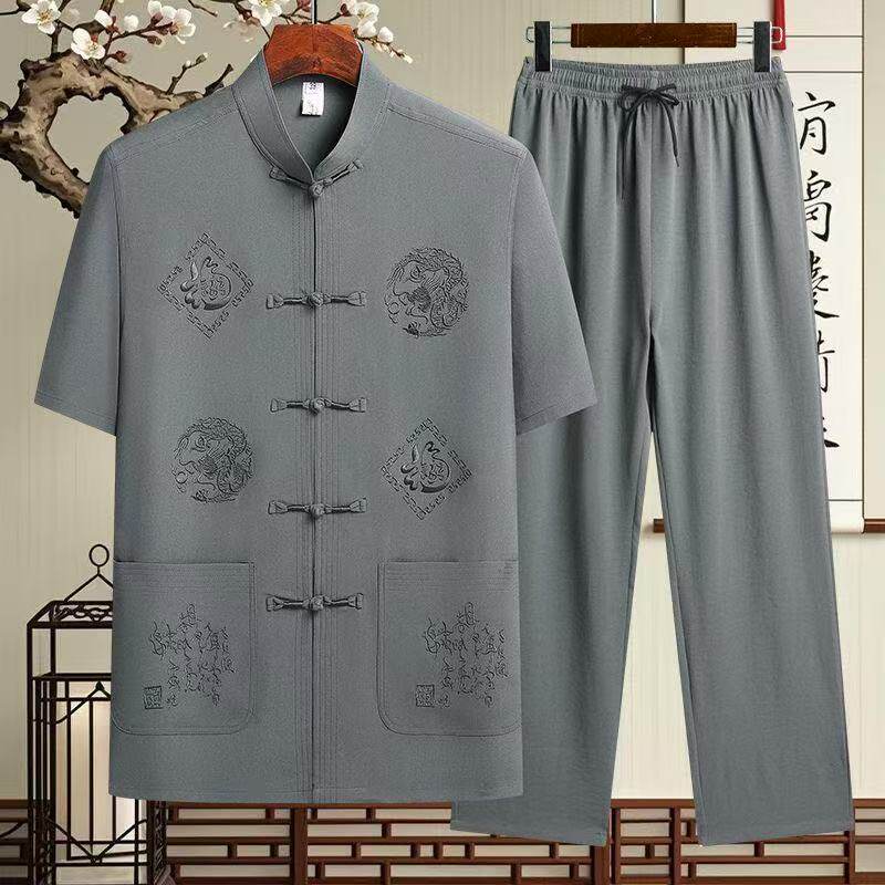 套装爸爸夏季薄款短袖衬衫中老年冰丝唐装男中国风70岁爷爷太极服