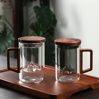 厂家批发泡茶杯滤茶耐热玻璃杯茶杯套组办公杯关山木把茶杯三件套
