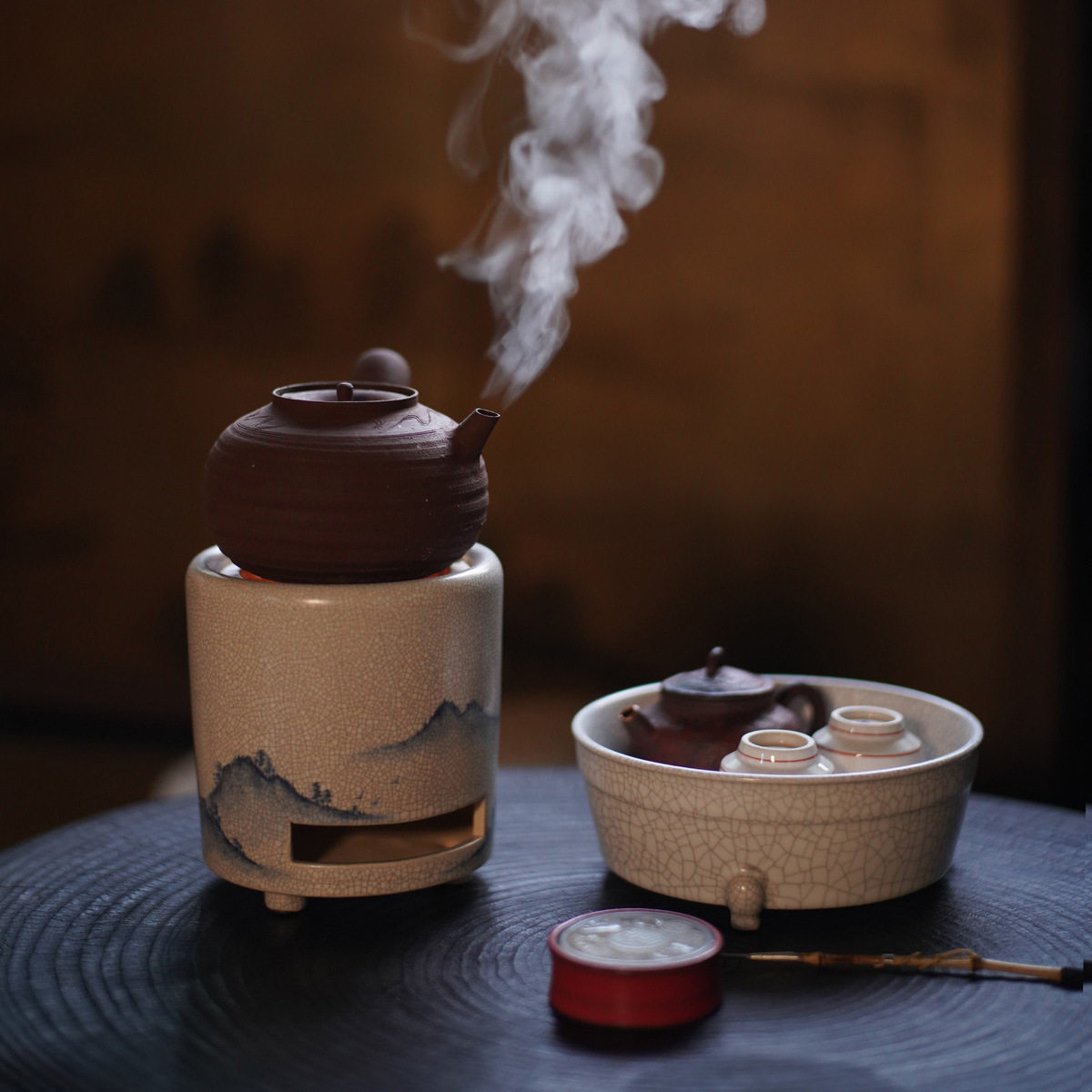 梵山堂青花山水方口一字炉手工泥炉风炉木炭炉煮茶器家用煮茶炉子