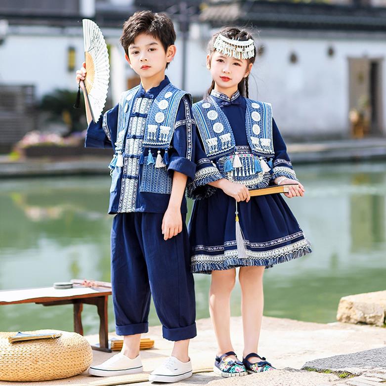 蓝色舞蹈服女童六一儿童传统少数民族舞蹈服装幼儿园男女童朗诵大