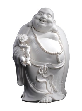 手持如意陶瓷弥勒笑佛德化白瓷坐立中号招财事P事如意大肚弥勒摆