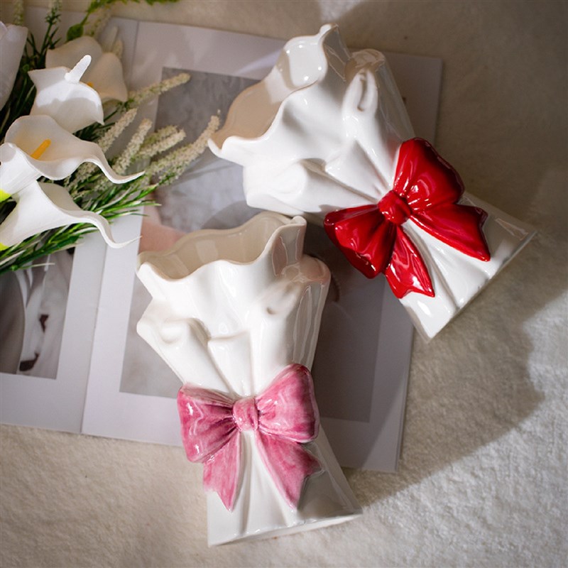 法式ins陶瓷蝴蝶n结花瓶手捧花束花瓶客厅插花餐桌干花陶瓷摆件