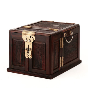 血檀红木质首饰h盒红木结婚超大号实木饰品盒雕花百宝箱梳妆镜带