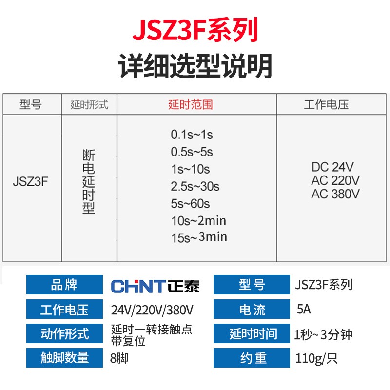 正泰断电延迟延时时间继电器控制器JSZ3F 5s 10秒60 2R20 380V 24