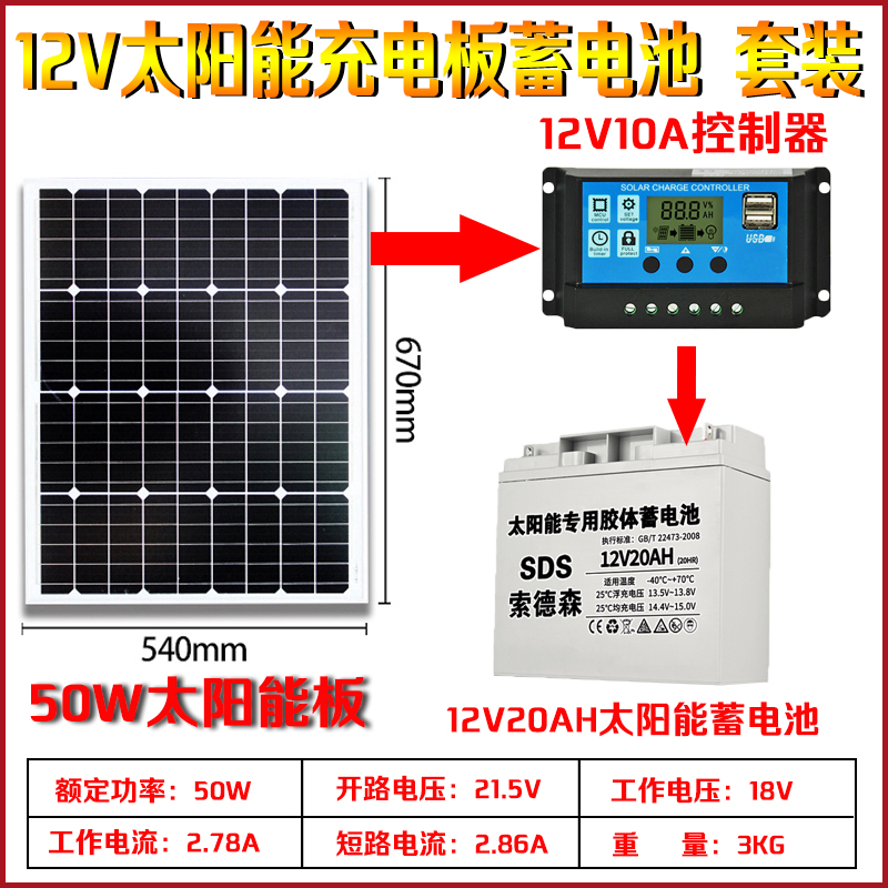 12v太阳能充电板蓄电池家用套装太阳能发电板系统家X用照明蓄电池