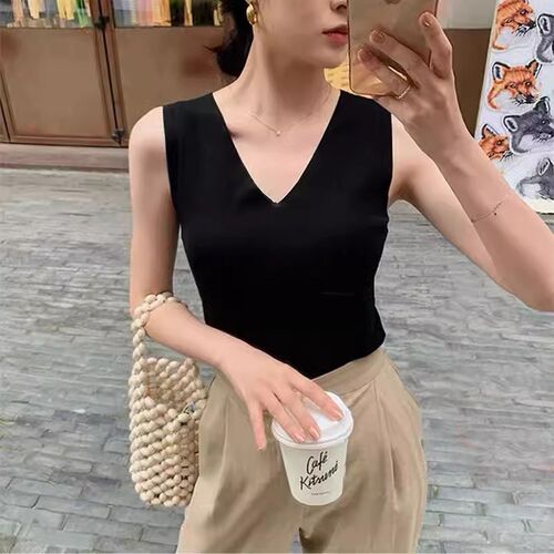 新品夏季b2024新款打底内搭针织吊带背心女法式v领坎肩无袖t恤上