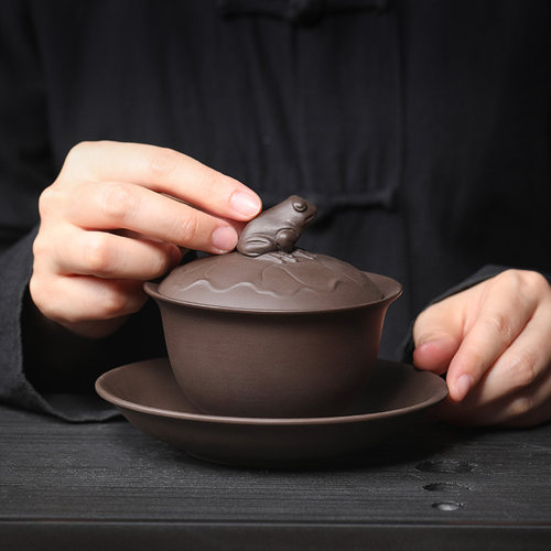 新品紫砂盖碗原矿老泥 家用紫砂沏茶碗喝茶碗三才盖.碗泡茶器组