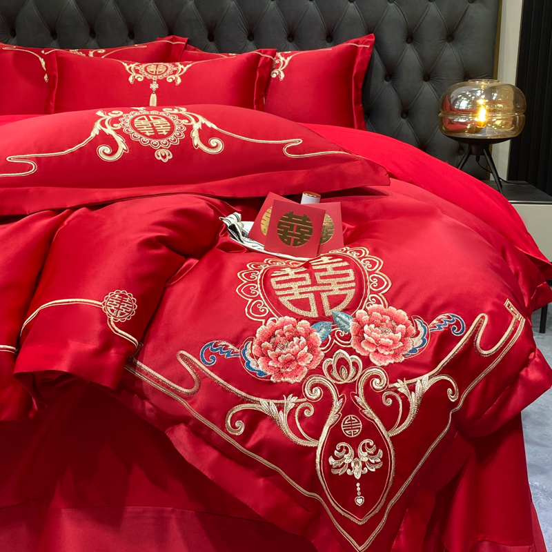 极速刺绣婚庆四件组全q棉大红色婚嫁被套牀单喜被结婚牀上用品