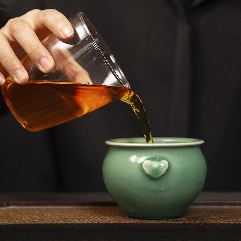 新品悟影青瓷主人茶杯 家用高端梅子青釉下影雕S茶具品茗杯茶碗礼