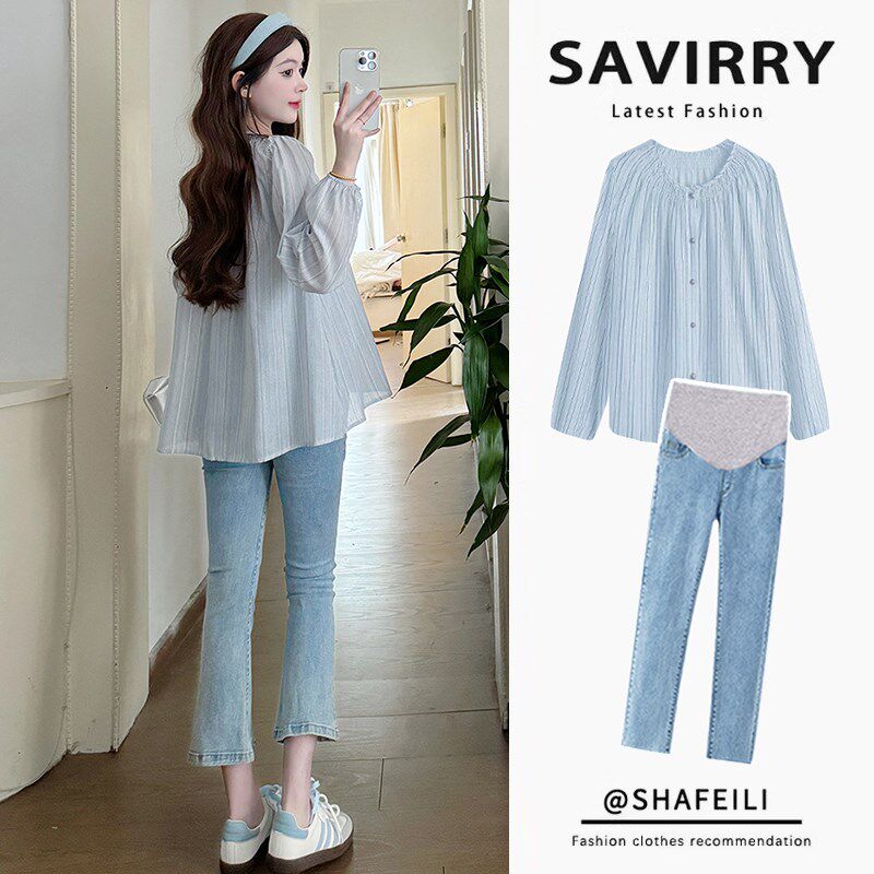 新品孕妇春夏装娃娃l衫上衣2025新款套装夏季小个子雪纺衬衫裤子