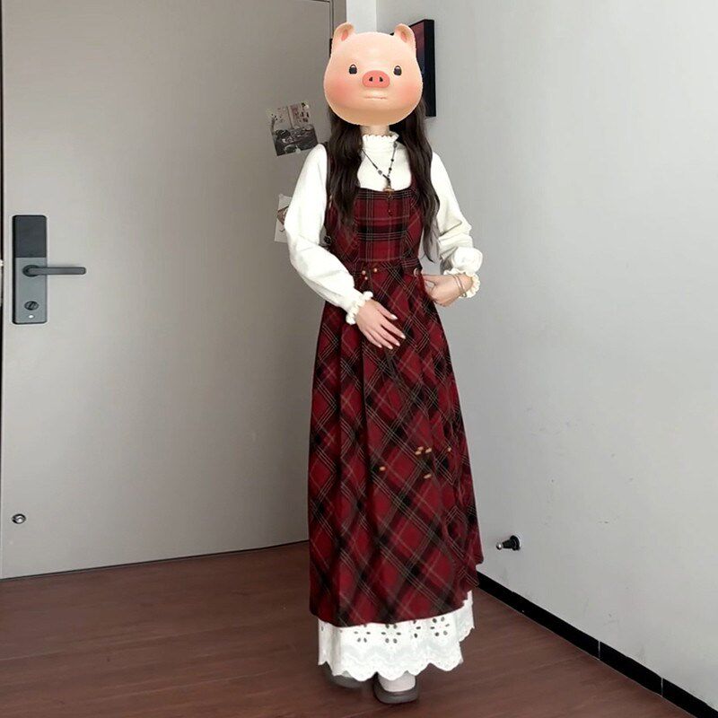 新品红色格子背带连衣裙子女秋冬2025H新款圣诞过新年战袍穿搭套