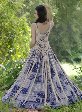 新品海边吊带旅j游度假沙滩波西米亚长裙蓝色裙子云南女装复古去