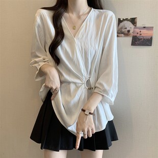 女春季 衬衫 新款 大码 新品 H胖mm巨显瘦收腰遮肚子法式 V领正肩七分袖
