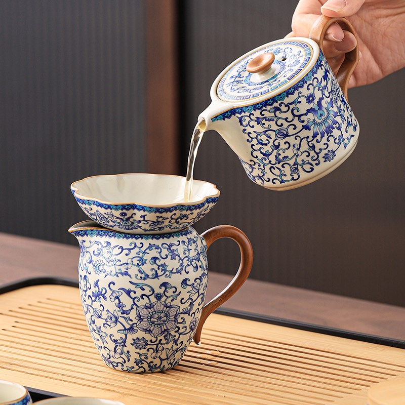 极速青花汝窑米黄功夫茶具套装家用2D025新款茶壶茶杯子整套办公