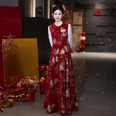 敬酒服2025新款新娘套r装结婚订婚回门便装礼服裙酒红色新中式旗