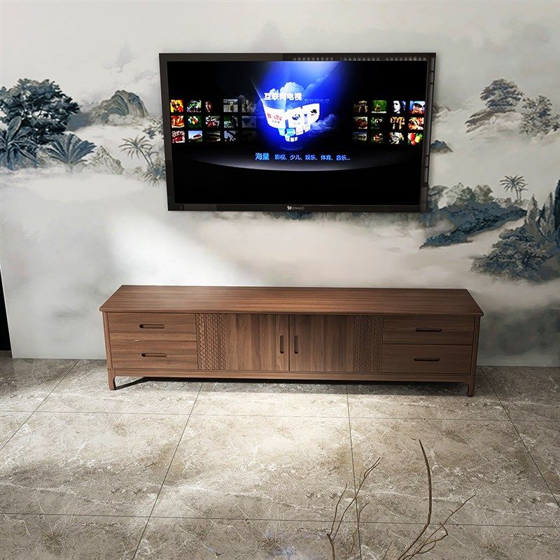 极速新品纯实木简约现r代新中式黑胡桃木2米整装电视柜包邮入户