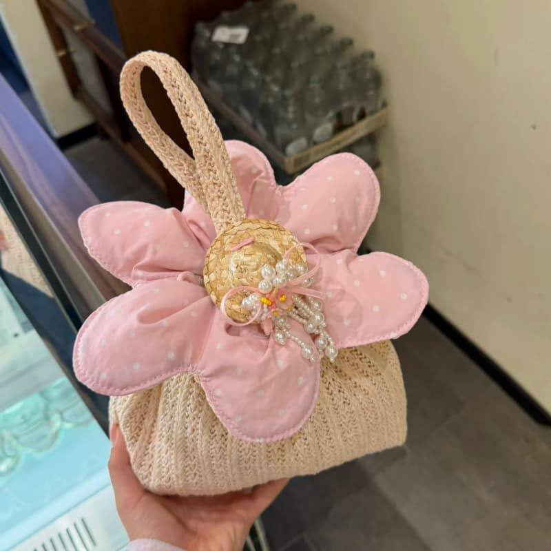 波点草帽装饰夏季度假风草编花朵手提包女沙滩粉色手拎包