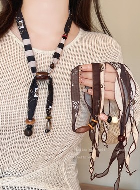 慵懒复古！氛围感腰花果丝巾项炼女款2025新款挂脖毛衣炼秋天配饰