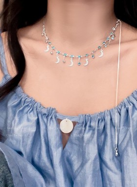 时尚的知识分子!蓝色锆新月流苏项炼妇女的可及的豪华利基高端锁