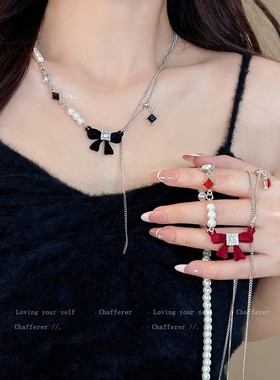 甜酷千金！氛围感植绒蝴蝶结珍珠项炼女款轻奢小众毛衣炼秋冬配饰