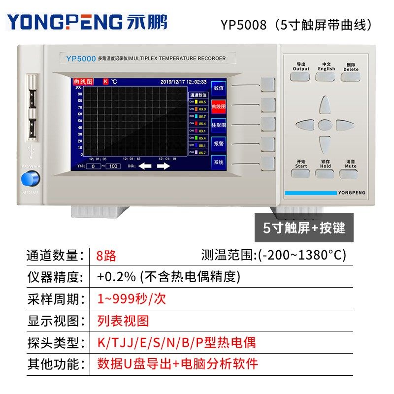 永鹏YP5008G多路温度测试仪8路温度记录仪16路多点温度巡检仪5016