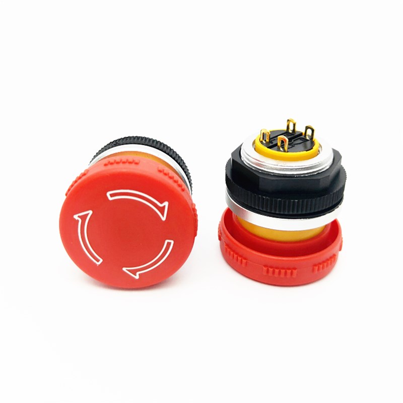 22mm超短款1开1闭4脚两常闭防水等级IP67蘑菇头超薄急停按钮开关