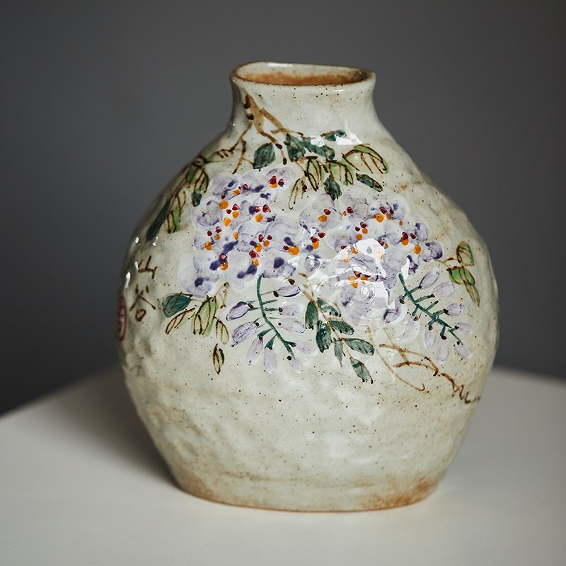 山谷设计师景德镇复古做旧粗陶手绘花卉花瓶可养鲜花陶艺创意花器