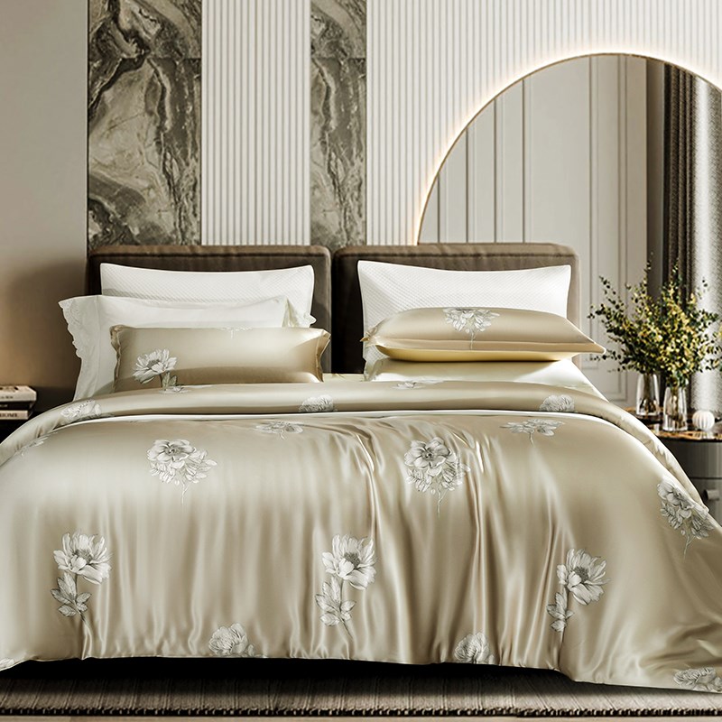 重磅印花真丝四件套奢华丝绸25姆米中式别墅桑蚕丝床单床上用品