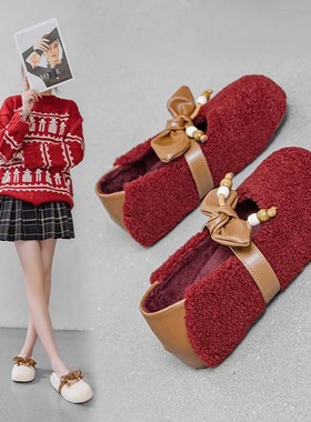 9728蝴蝶结懒人一脚蹬毛毛鞋女2026秋冬新款两穿休闲玛丽珍豆豆鞋