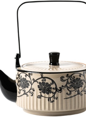 民窑雕花竖纹提梁壶复古风磁州窑大茶壶青灰釉陶瓷Y家用功夫茶具